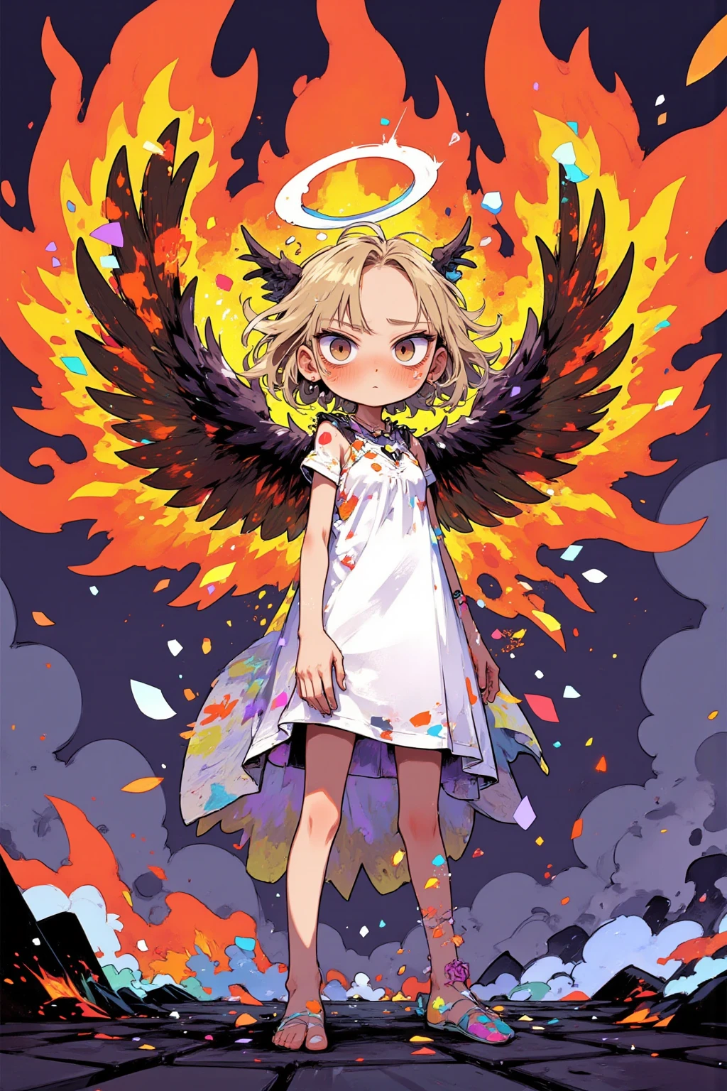 cartoon angel drawn with big eyes and a strong expression of defeat, 翼がオレンジやred、Yellowの炎で燃えており、the tips of the feathers are black and burnt,angry face and fist,The ring on the head is slightly tilted and burnt feathers and ash are dancing,eyes are big and sharp like a cat,Thick Line,bright color,Yellowやオレンジのグラデーション,white dress but there are a few soot stains,Korean twin sisters of kindergarten children who are slender and have long legs,in the background,effects and poison gas and smoke、signs showing danger,The character has large faces and limbs、emphasizes thinness,over,color is black on the cobblestones、Yellow、red、White as the base color,and dynamic movement poses,intimidating, High Contrast Illustration , vector style drawing ,high quality work,VECTOR ART,Digital Illustration,digital art illustrations to show consciously, Profile Artwork