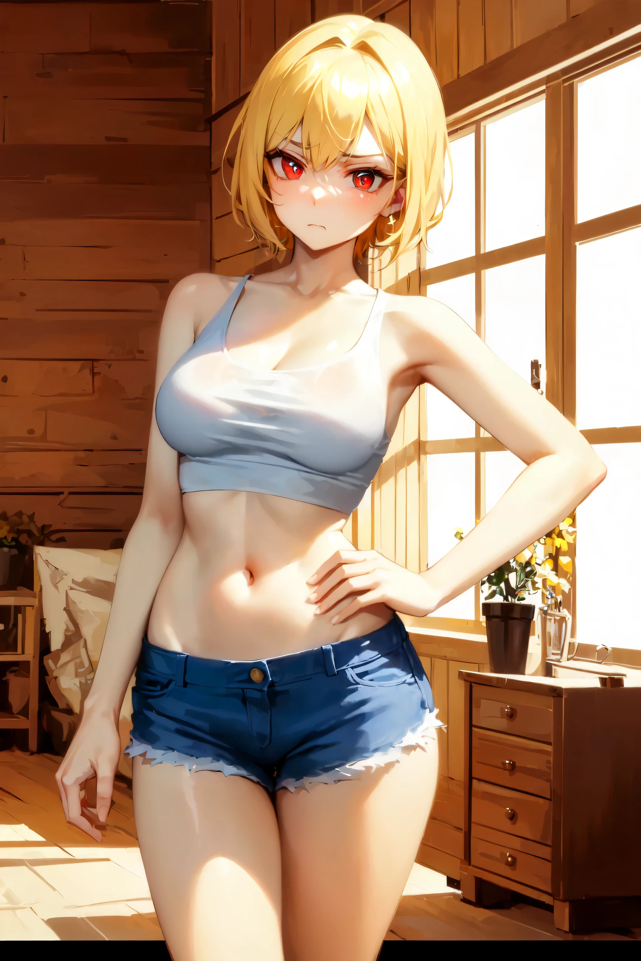 Name Zoe. 20-year-old teenager, Beautiful angelic face. Red eyes. Light skin. Height 1,70, Detailed physique, Large and firm breasts, Short blonde. Clothes, White tank top on stomach. Tight red mini shorts. Body Details, Stand straight and steady towards the camera. With a smile. Facial Expressions Smile