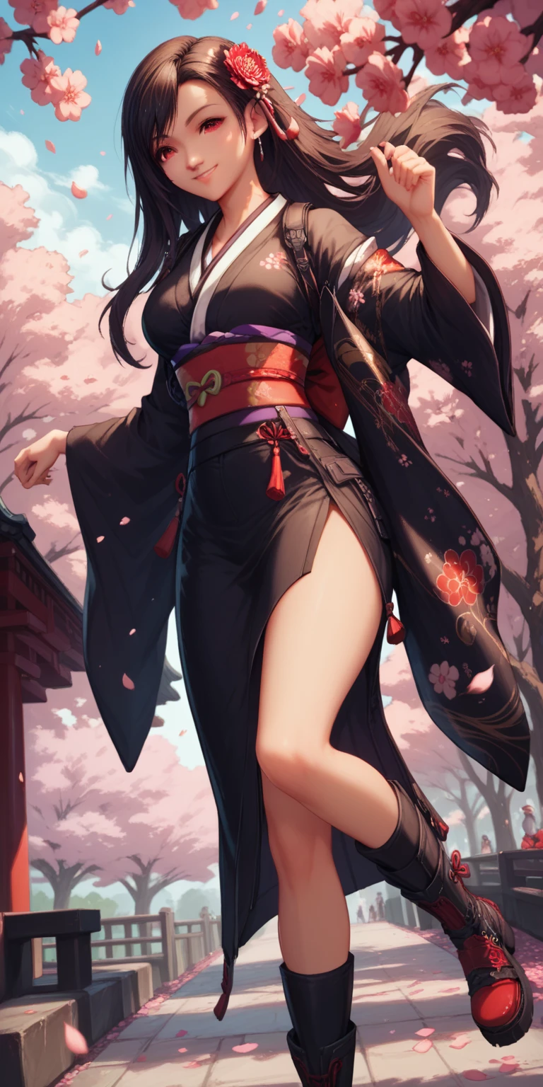1girl, (solo:1.2), (half body shot:1.2), (Beautiful and detailed eyes description), (Beautiful and detailed face), (Beautiful and detailed eyes), (Beautiful and detailed lips), Perfect female body, neat figure, slender waist, (young girl), (25 years old), long hair, red and black mix hair, very big eyes, glowing red eyes, large breasts, blush, wondering, lipstick, makeup,
demon, (tight clothes, sakura flower pattern kimono, sexy kimono:1.2), (black gloves:1.2), (black pantyhose:1.2), high heels, necklace, earrings, beautiful nature surrounding by waterfall,
(best quality), (ultra detailed), (masterpiece), (highres), (original), (extremely detailed CG unity 8K wallpaper), character design, game cg, detailed manga illustration, single character