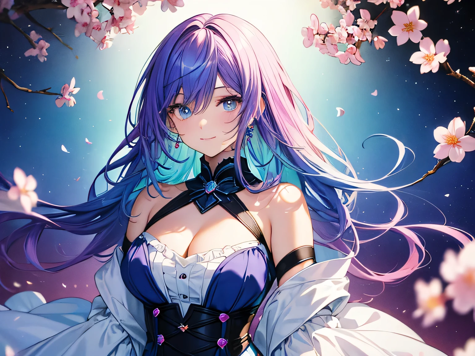 mature woman, 1girl, (masterpiece, best quality, extremely detailed), sharp focus, detailed face, face focus, extremely detailed eyes, long hair, crown braid, hair over the shoulders, (purple hair: 1.3), purple eyes, (sparkling eyes: 1.2), long eyelashes, (strong blush, drunk: 1.2), delicate makeup, big breasts, ((pink and white complicated dress, bare shoulders, décolleté)), ((dusk, holding diamond shard, discovery, bamboo shoots background, grass, green particles around, calm lake, cherry blossom background, breeze)), cinematic lighting, edge lightning, ray tracing, shading, dynamic angle, full-length image, walks,