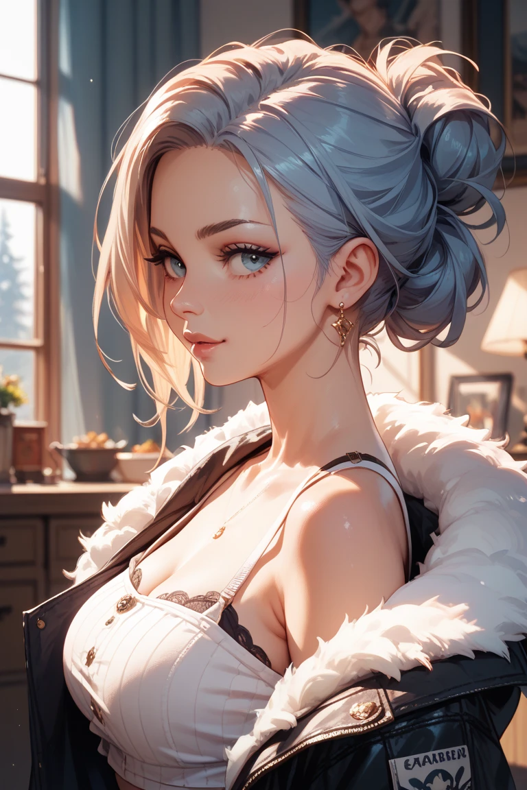 1girl,a beautiful fashion model ,(masterpiece, detailed background, best quality),short and shiny hair, white hair ,smirk,juicy lipspink eyeshadow, calmart, , , elegant makeup,  blue eyes