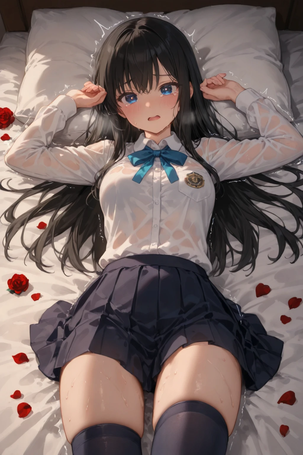 (high ponytail:1.3)、(school uniform, short sleeve:1.5)(white panty:1.5)、Arms up、(hair adornments:1.2)、(Wrap a scrunchie around your left wrist:1.2)、(Black High Socks:1.5)、NSFW、clear eyes、8k、10yo student、Top image quality、Masterpiece、perfect anatomia、Kogal、Overexposed、lie down/lie on one’s back、Legs wide open in bed(open legs:1.5)、sprawl、full-face blush, embarrassed、bich、show off nipple、Fully exposed、