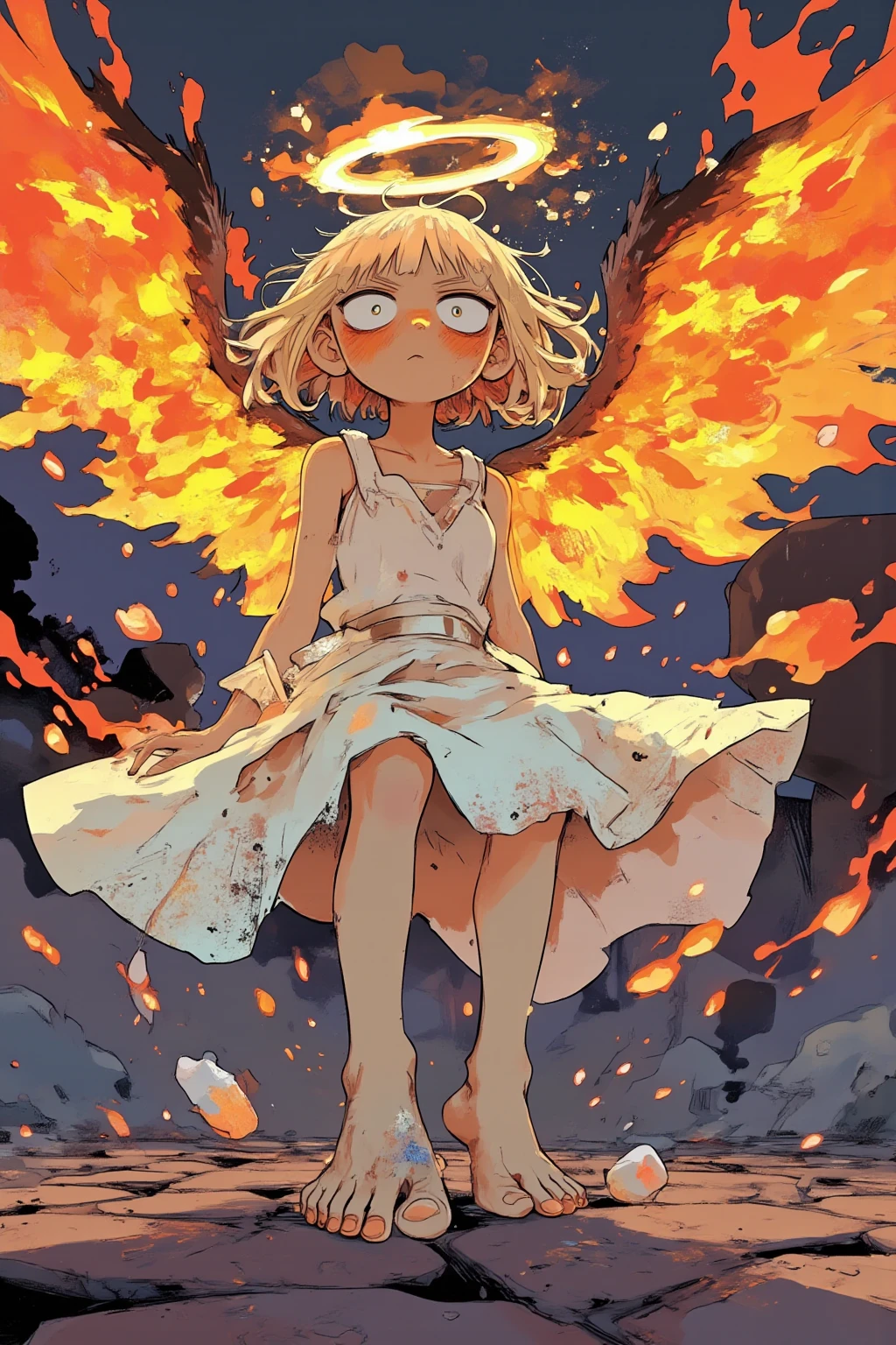 cartoon angel drawn with big eyes and a strong expression of defeat, 翼がオレンジやred、Yellowの炎で燃えており、the tips of the feathers are black and burnt,angry face and fist,The ring on the head is slightly tilted and burnt feathers and ash are dancing,eyes are big and sharp like a cat,Thick Line,bright color,Yellowやオレンジのグラデーション,white dress but there are a few soot stains,Korean twin sisters of kindergarten children who are slender and have long legs,in the background,effects and poison gas and smoke、signs showing danger,The character has large faces and limbs、emphasizes thinness,over,color is black on the cobblestones、Yellow、red、White as the base color,and dynamic movement poses,intimidating, High Contrast Illustration , vector style drawing ,high quality work,VECTOR ART,Digital Illustration,digital art illustrations to show consciously, Profile Artwork