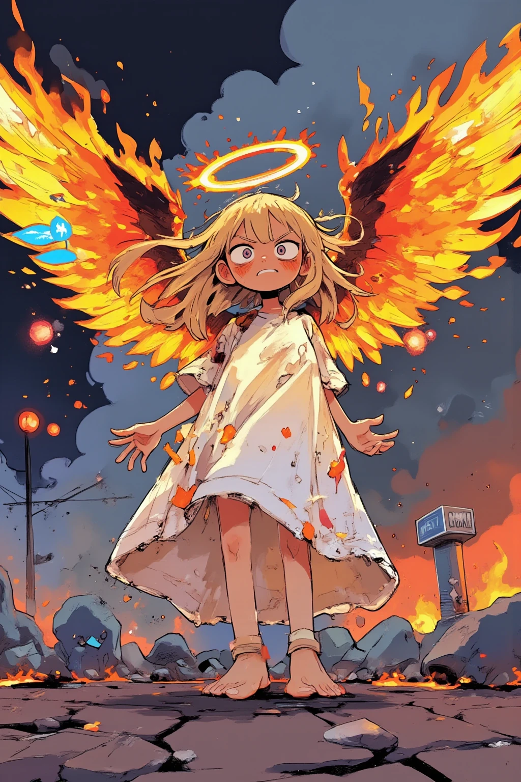 cartoon angel drawn with big eyes and a strong expression of defeat, 翼がオレンジやred、Yellowの炎で燃えており、the tips of the feathers are black and burnt,angry face and fist,The ring on the head is slightly tilted and burnt feathers and ash are dancing,eyes are big and sharp like a cat,Thick Line,bright color,Yellowやオレンジのグラデーション,white dress but there are a few soot stains,Korean twin sisters of kindergarten children who are slender and have long legs,in the background,effects and poison gas and smoke、signs showing danger,The character has large faces and limbs、emphasizes thinness,over,color is black on the cobblestones、Yellow、red、White as the base color,and dynamic movement poses,intimidating, High Contrast Illustration , vector style drawing ,high quality work,VECTOR ART,Digital Illustration,digital art illustrations to show consciously, Profile Artwork