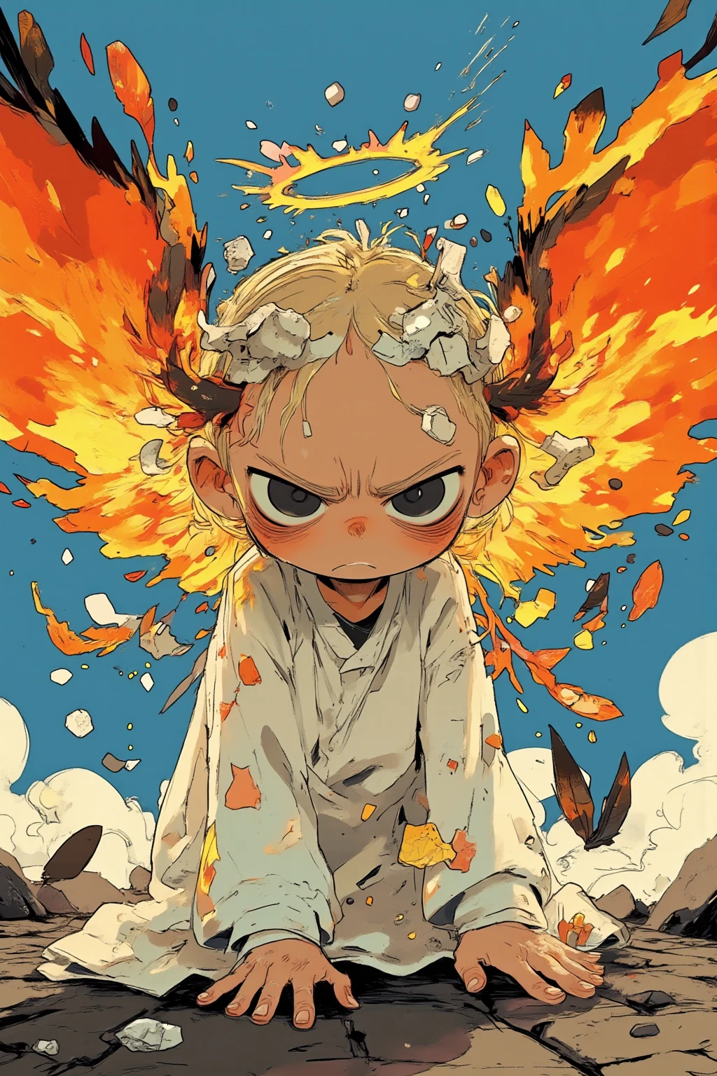 cartoon angel drawn with big eyes and a strong expression of defeat, 翼がオレンジやred、Yellowの炎で燃えており、the tips of the feathers are black and burnt,angry face and fist,The ring on the head is slightly tilted and burnt feathers and ash are dancing,eyes are big and sharp like a cat,Thick Line,bright color,Yellowやオレンジのグラデーション,white dress but there are a few soot stains,Korean twin sisters of kindergarten children who are slender and have long legs,in the background,effects and poison gas and smoke、signs showing danger,The character has large faces and limbs、emphasizes thinness,over,color is black on the cobblestones、Yellow、red、White as the base color,and dynamic movement poses,intimidating, High Contrast Illustration , vector style drawing ,high quality work,VECTOR ART,Digital Illustration,digital art illustrations to show consciously, Profile Artwork