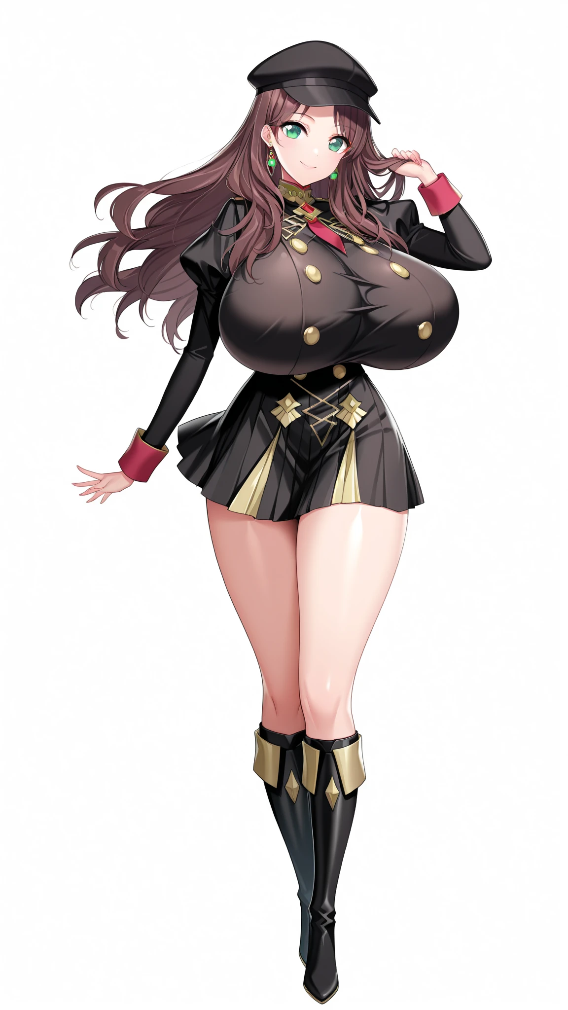(NSFW), (arisugawa natsuha:1.2), long hair, orange hair, grey eyes, hand on hip, gold earrings, large breasts, jewelry, heart shaped, military cap, beret, (military uniform), (epaulette), jacket, harness, thigh strap, black thigh boots, bukkake, cum, (pencil skirt), miniskirt, corruption, empty eyes, half-closed eyes, evil smile, no pupils, open mouth, smirk, ((milf)), mature female, married woman, (dark theme:1.2), dark persona, gigantic hanging breasts, skindentation, chubby, voluptuous, thick thighs, wide hips, from the front, (chromatic aberration, intricate details), cowboy shot
