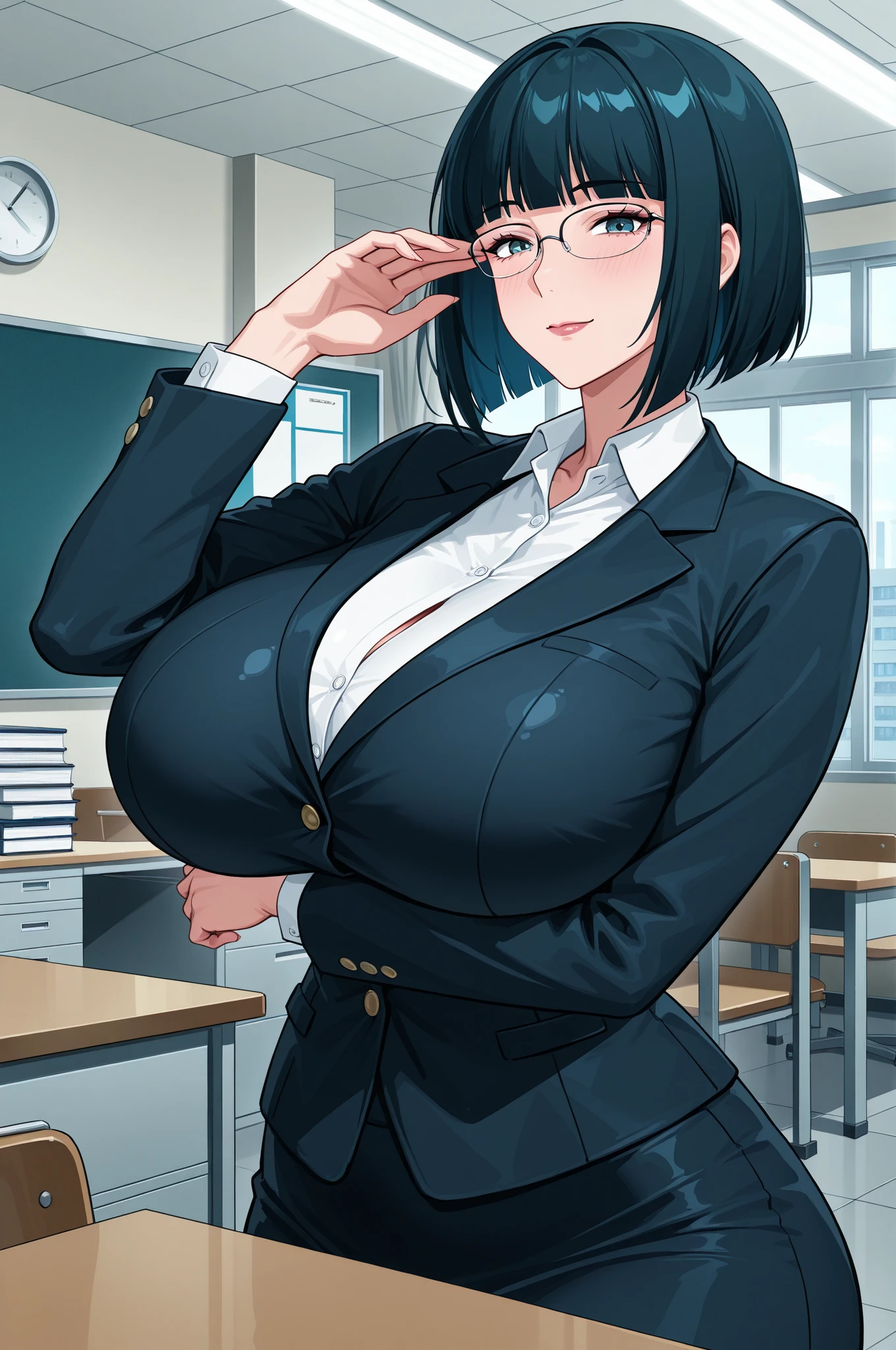 (high resolution), 1girl, woman, mature female, housewife, milf, 40 years old, (curvy woman:1.4), (smile:1.6), (evil grin, light smile:0.5), (shiny skin, glistening skin, high gloss skin:1), (business suit、skirt suit:1.5), breast focus, (gigantic breasts:1.2), solo, black hair, middle hair, bob cut, black eyes, looking at viewer, (from the front, arms behind back, front of blackboard, classroom:1.5)