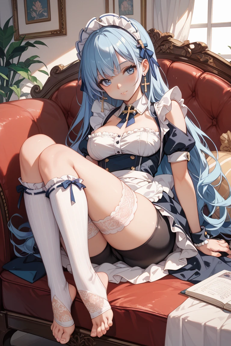 Highest quality, masterpiece, figure, wallpaper,One girl,Black Shirt, Light Hair, Beautiful detailed girl, Highly detailed eyes and face, Beautiful attention to detail, Shine,Browsing Caution, View your viewers, Chair, night, Black Pantyhose, Straight hair, Red Eyes, Semi-long hair,Light blue hair, thick_Thighs, Large Breasts, Red eyes,beautiful finger, clear background, deep night, sit、smile、Big earrings、bracelet、Gal、candle、Manicure