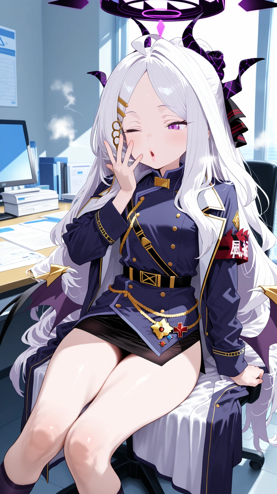 (masterpiece),high res, 4k, UHD, hina(blue_archive), a girl wakes up on her desk after finishing her work on office, lips, thin clothes, thighs, smelly, messy face, morning, gasp, sitting on chair, yawn, lips, one eye open, young, waist wings, hand support, lean on desk, office work, long coat,