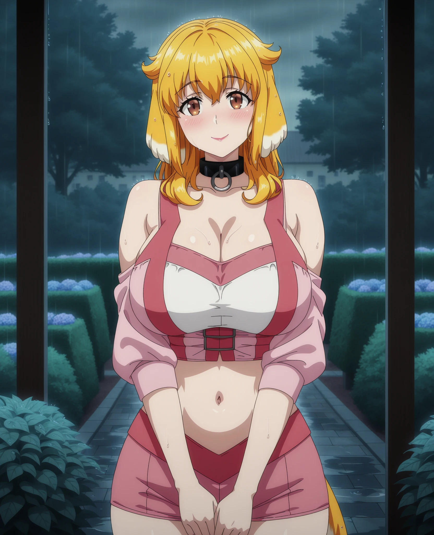 (masterpiece, highest quality:1.2), Ultra-high resolution), RAW Photos, Professional Lighting, Cinema Lighting, (1 girl), Leona, Dragon Quest:dai no daibouken, (blonde, Long Hair, Brown eyes, string tiara, hair ornaments, bangs), (brass Circlet, choker, Earrings,leopard animal printed bikini, ultra micro bikini, wedgie & high cut bikini, Golden collar, golden bracelet, earrings), (((ultra large natural breasts, Super huge tits, Super huge boob, Super huge cleavages))), (ultra realistic & detailed interior of medieval wooden motel in the village, bed, dark atmosphere, night, moon view via window, candle), (Ultra Slim Waist, Ultra slim model body style), Highly detailed face, Highly detailed eyes, standing, full body shot, (sitting on couch, spreading legs widely to viewer:1.5), (nsfw:1.5, sweat bodies:1.5),