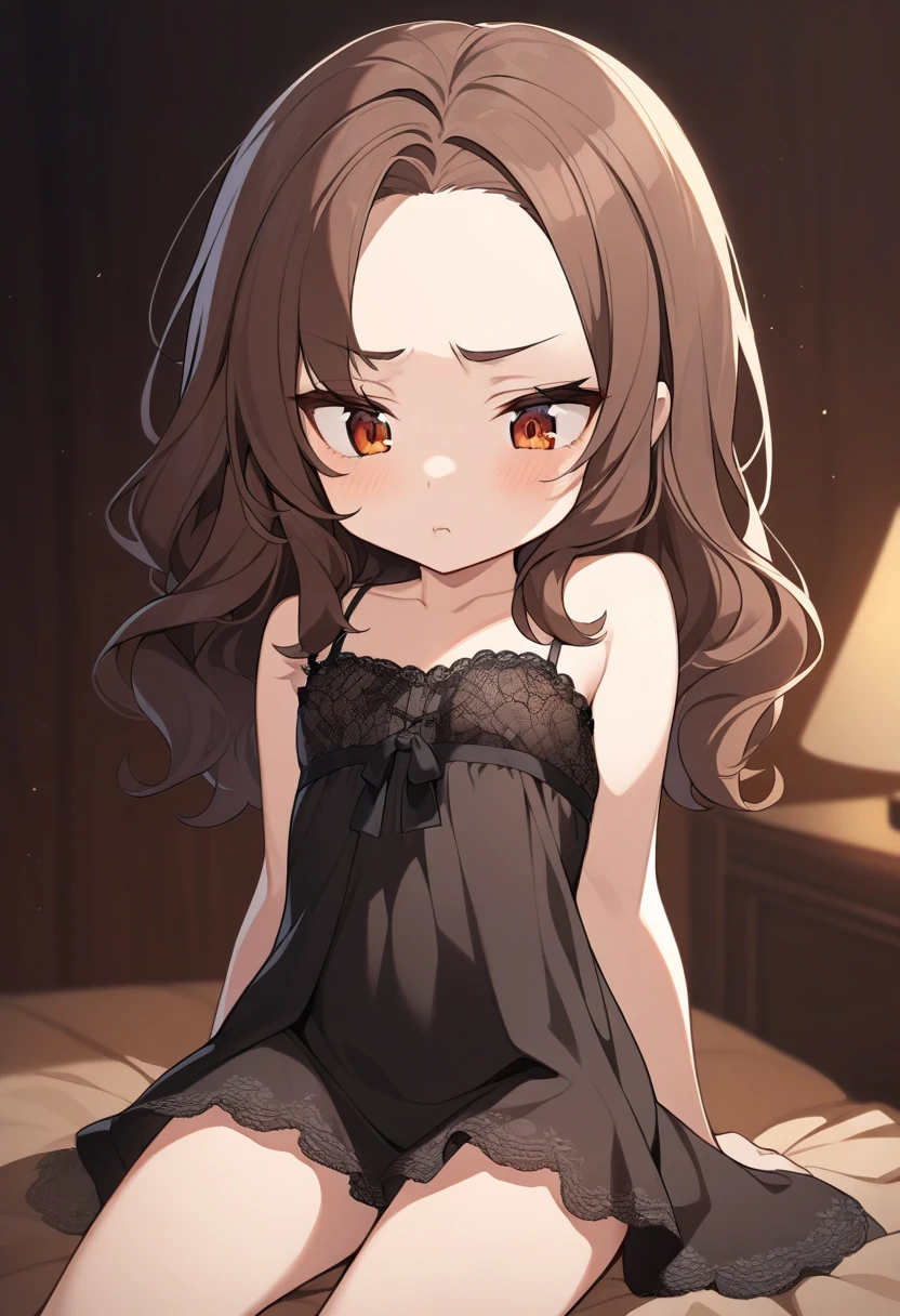 Girl, (light brown hair:1.5), (black eyes:1.1), (big eyes: 1.1), (sagging eyes: 1.5), (very long hair:1.1), hair between eyes,  (flat chest:1.3), (straight hair), very short, only , droopy eyes,  11 years old, (short height:1.8), young face ,  smooth straight hair ,bed，bed,Satin Camisole Set ，(bottomless:1.4)，flat chest，pussy are visible