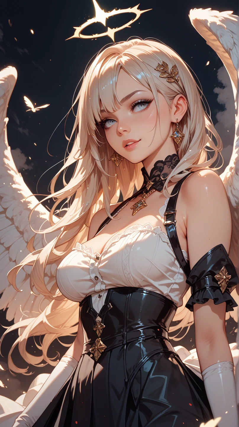 ((masterpiece, best quality)), (1girl), (solo), (female focus), (ahoge, ash blonde hair, long hair), green eyes, arms behind back, bat wings on the waist, sheep horns, sad eyes, cold facial expression, cold look, dark long tight clothes, pale skin, colour grading, dark illustration, extreme quality, radiant, extremely detailed, ultra-detailed face, ultra hd 8k, ultra digitality, mythical, dark lightning, perfect face, beautiful, (perfect composition: 1. 4), detailed face and body, award-winning photography , fields, detailed face, detailed hands, looking at the viewer, cinematic lighting, embers, fantasy background, water splashes, foggy haze, (holy maiden), (saint), faux traditional media, fully clothed