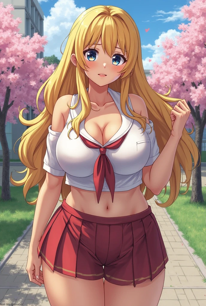 masterpiece, best quality, detailed face, detailed eyes, <lora:HUGoldie:0.5>, dark skin, long hair, dark skin, blonde hair, blue eyes, large breasts, cleavage,hairclip, choker, school uniform, tied shirt, miniskirt, midriff, black thighhighs, full body, outdoors, park, pond, standing, smile, hands on hips,