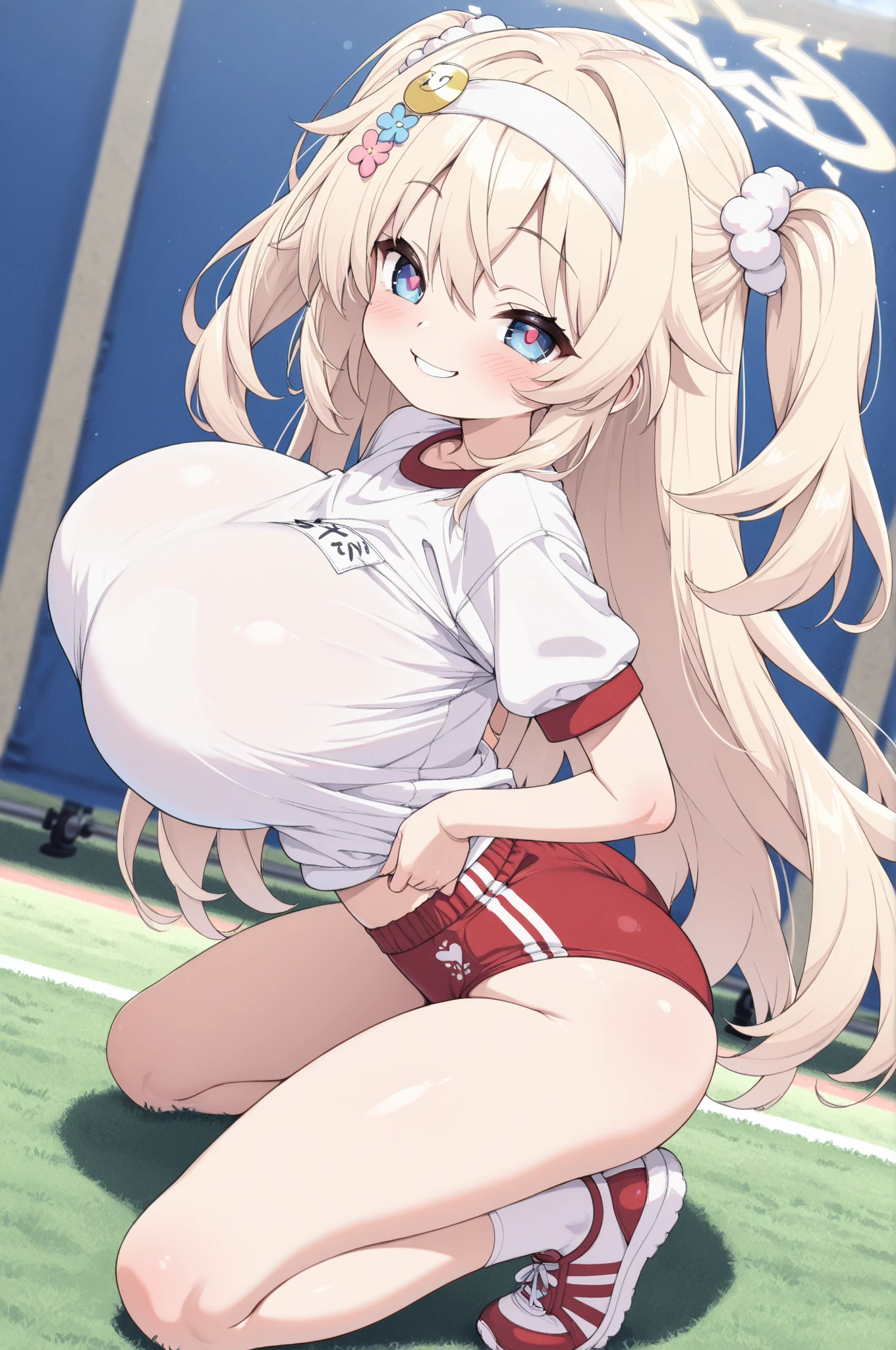 (One girl)、medium length hair、(sidelock)、((Blonde))、(slan eyes)、（boyish）、cute、(Big super breasts)、((Chubby))、Futanari、leotard、White sleeveless、thigh-high socks thighhighs、(long gloves)、hairs between eyes、(coarse hair)、[flipped hair]、pink eye、expressionless、one eye closed、arm behind back、two side up、Erotic squatting、White Background、