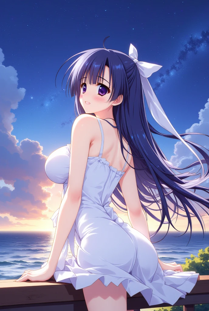 masterpiece, best quality, highly detailed, ultra high res, komi_shouko, 1girl, solo, hair ornament, purple hair, hair in a bun, bangs, glossy lips, large breasts, tighs, thighhighs thigpurple eyes, school, ballerina, white thong, tutu, from behind, hands on own ass