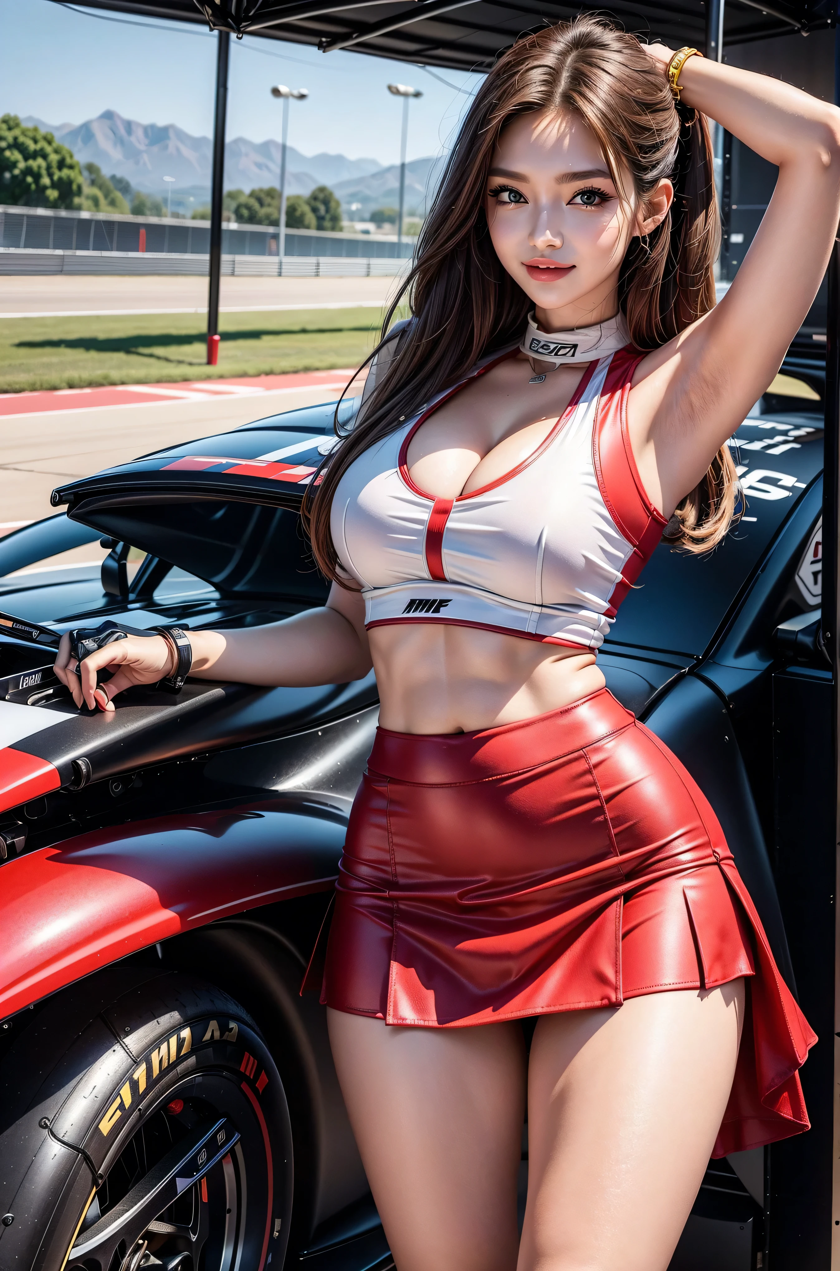 (masterpiece), ( MotoGP Racing Girls), (Eyeliner:0.5),(blush:0.5), Black Hair, A faint smile, Refers to a beautiful and delicate girl, Extremely detailed eyes and face, Beautiful and delicate eyes, , ((MOTOGP events)), (MotoGP track background), (best quality, high resolution, Reality, original, 8K,masterpiece, ),(((Dynamic poses))),(((Mid-abdomen peek))),(((Show under chest ))),(((Red Mini Skirt Lift))),(((Bare inner thighs))),(((Formula One car on display))), (Bright colors:1.2), (Beautifully),