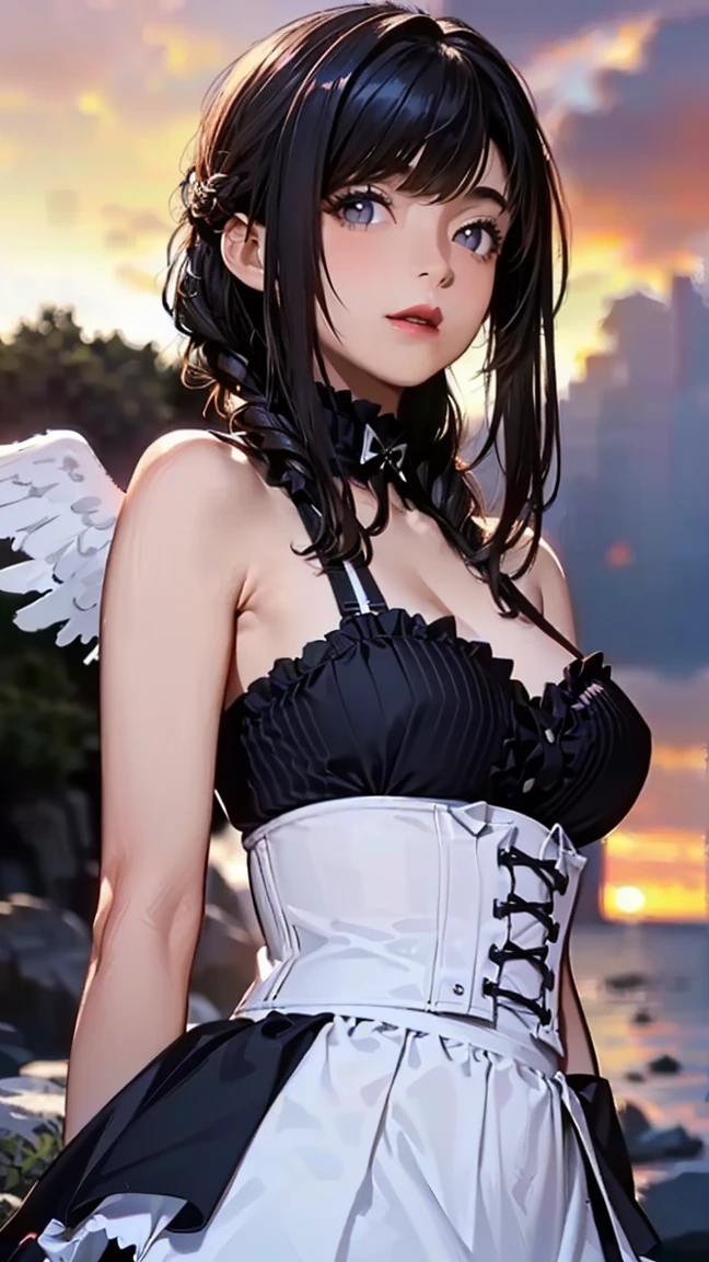 demon girl with fangs sitting in the street at night, snow on the ground, wet clothes, seductive, beauty spot on chin, wearing a loose oversized jacket, off the shoulder, fishnet leggings, wearing an oversized dress, wearing a long loose white shirt, sexy thighs, side pose, small mole on the chin, blushing, neon lights in the background, detailed background, raining, long sleeves, neck choker with necklace, long necklace, evil look, detailed digital anime art