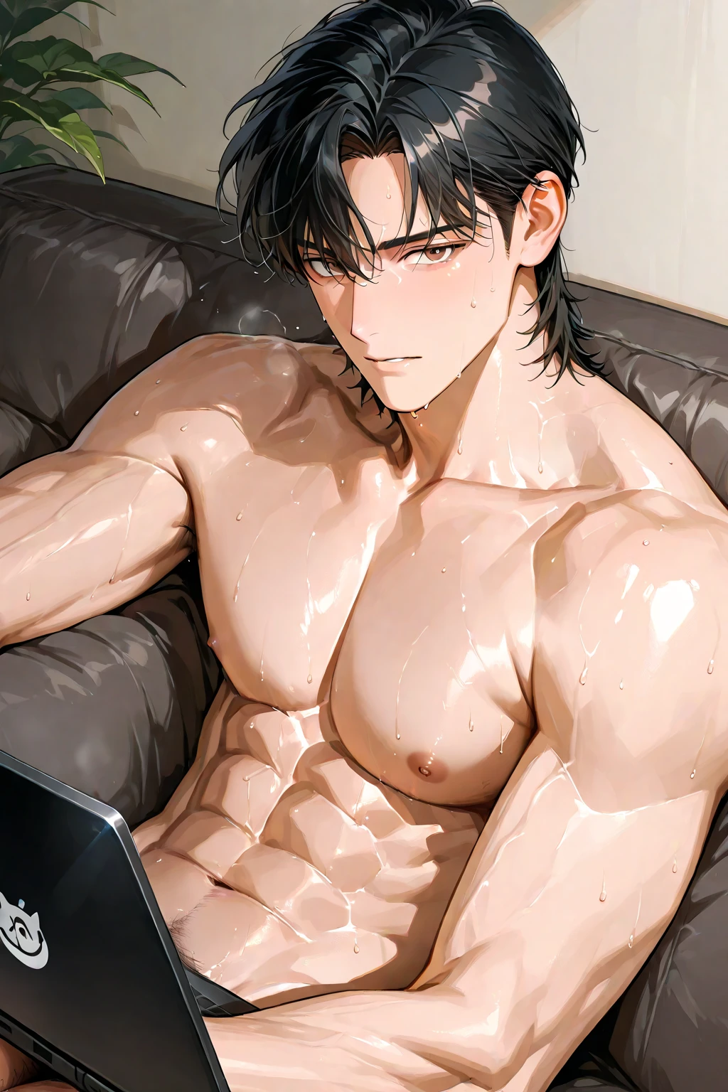 Anime boy sitting on a chair without a shirt and holding a mobile phone, Cool anime poses, Anime handsome man, Makoto, (SFW) Work, gigachad muscular, muscular!!, Handsome Japanese demon boy, Young anime man, muscular! fantasy, Makoto shinka, male anime character, muscular的姿势, Makoto shinkai ( Apex Legends )