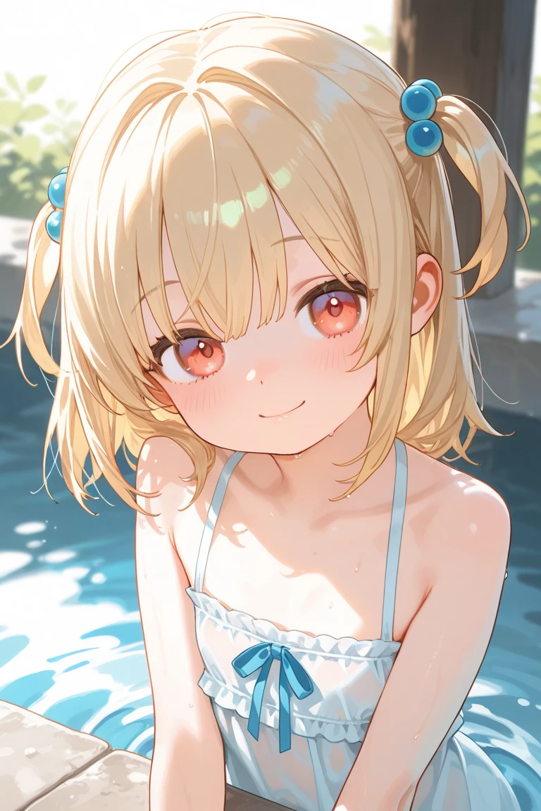 Striped Micro Bikini、(Brown skin)、(Blonde Shorthair)、(Wearing a straw hat)、年轻、Cute、a beauty girl、Perfect Style、Colossal tits、Emphasizes cleavage、A slight smil、8k、ighly detailed、top-quality、Top image quality、超A high resolution、masterpiece、(one girls)、swimming pools