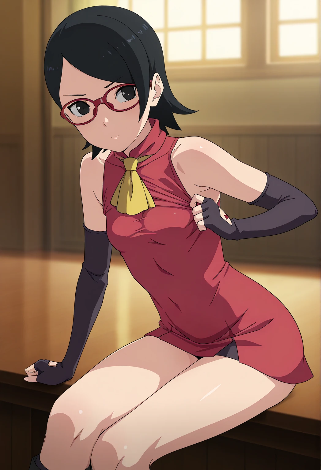 Highres, Masterpiece, Best quality at best,Best Quality,hight quality, hight detailed, sarada, masterpiece, (slim body), (short body), bunny girl, bunny ear, choker, can see, (showing armpit:1.3), sexy, sweat