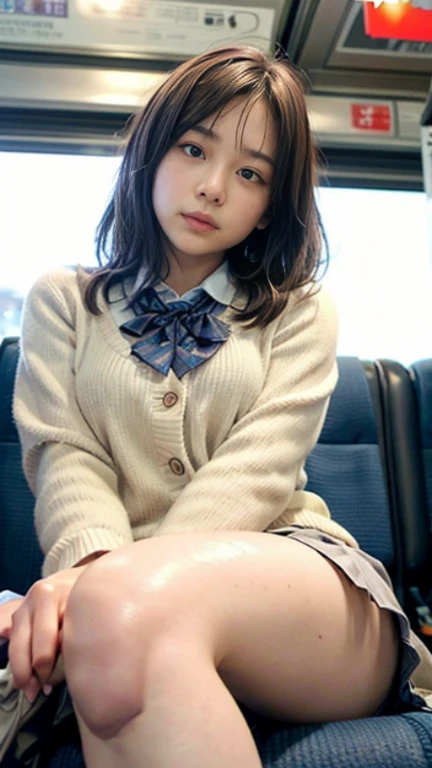 (Girl sitting on a seat on a Japanese train:1.2、Sit in a chair on the train、face to face、Sit with your legs apart、Spread your legs:1.2)、((Landmine fashion、Blouses with ruffles、(black flared skirt:1.2)、Knee-high socks、sneakers、Detailed white panties are visible)、(Realistic、Like a photograph、Live Action、8k, Realistic, RAW Photos, Best image quality: 1.4), Single-lens reflex camera、RAW Photos, Highest quality, Realistic, Highly detailed CG Unity 8k wallpaper, Written boundary depth, Cinematic Light, Lens flare, Ray Tracing, Realistic background、((Ultra-Dense Skin))、14-year-old girl,Cute Japanese Girl、(whole body:1.5)、Very detailedな顔，avert your eyes:1.1、(short hair:1.2、Hold your hair in place with a hair clip)、I like that style、stylish、Very detailed、Pay attention to the details、Perfect outfit、(Sunburned skin)、Front view、Accurate hands、Accurate legs、Detailed hands and fingers、Anatomically correct body、Thin legs、Thin thighs、Small breasts、Super detailed face