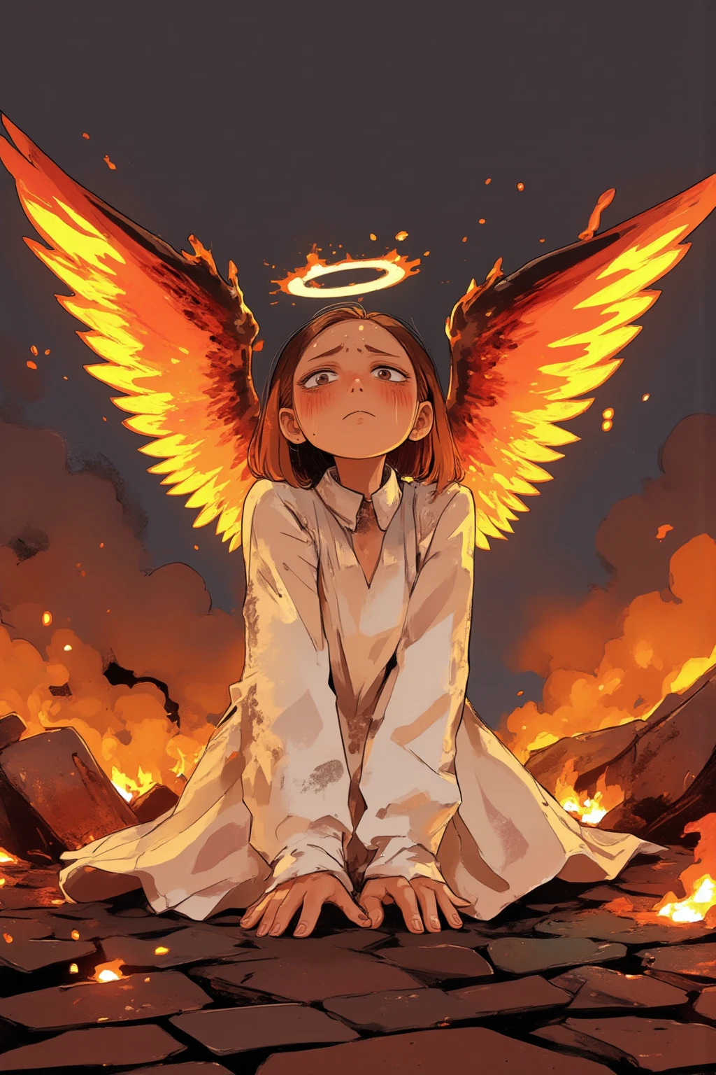 cartoon angel drawn with big eyes and a strong expression of defeat, 翼がオレンジやred、Yellowの炎で燃えており、the tips of the feathers are black and burnt,angry face and fist,The ring on the head is slightly tilted and burnt feathers and ash are dancing,eyes are big and sharp like a cat,Thick Line,bright color,Yellowやオレンジのグラデーション,white dress but there are a few soot stains,Korean twin sisters of kindergarten children who are slender and have long legs,in the background,effects and poison gas and smoke、signs showing danger,The character has large faces and limbs、emphasizes thinness,over,color is black on the cobblestones、Yellow、red、White as the base color,and dynamic movement poses,intimidating, High Contrast Illustration , vector style drawing ,high quality work,VECTOR ART,Digital Illustration,digital art illustrations to show consciously, Profile Artwork