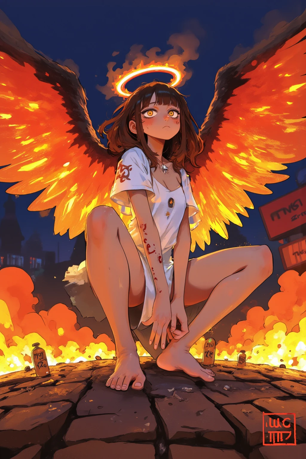 cartoon angel drawn with big eyes and a strong expression of defeat, 翼がオレンジやred、Yellowの炎で燃えており、the tips of the feathers are black and burnt,angry face and fist,The ring on the head is slightly tilted and burnt feathers and ash are dancing,eyes are big and sharp like a cat,Thick Line,bright color,Yellowやオレンジのグラデーション,white dress but there are a few soot stains,Korean twin sisters of kindergarten children who are slender and have long legs,in the background,effects and poison gas and smoke、signs showing danger,The character has large faces and limbs、emphasizes thinness,over,color is black on the cobblestones、Yellow、red、White as the base color,and dynamic movement poses,intimidating, High Contrast Illustration , vector style drawing ,high quality work,VECTOR ART,Digital Illustration,digital art illustrations to show consciously, Profile Artwork