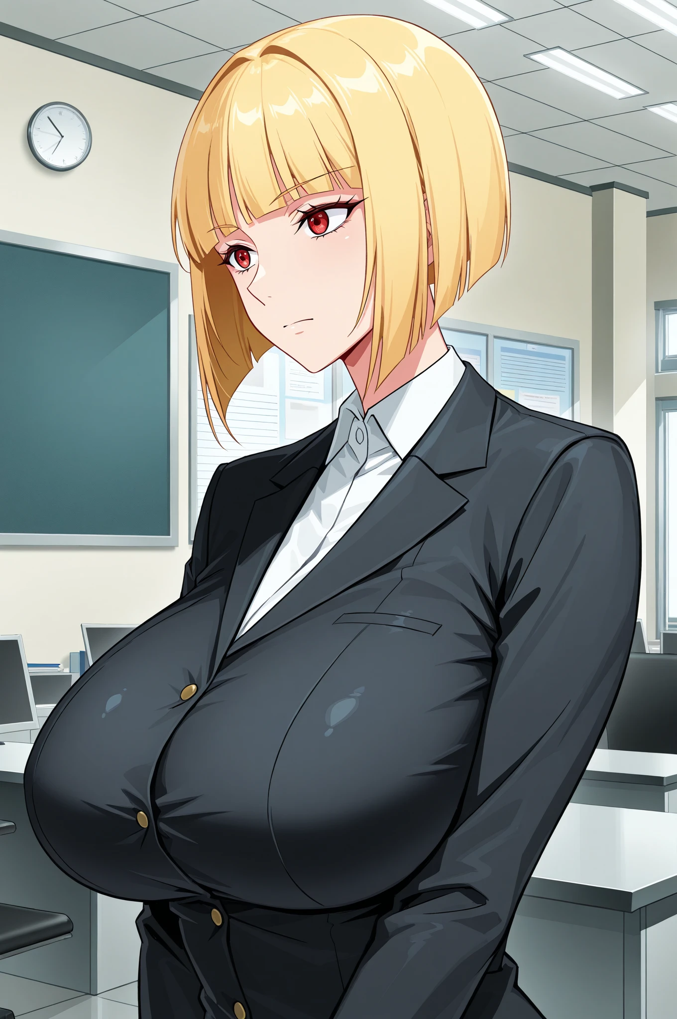 HnMdrkw-KJ , brown eyes , brown jacket, collared shirt, neck ribbon, plaid skirt, school uniform, blonde hair, Masterpiece, 8k, top-quality, best quality, official art, Beauty and Aesthetics, extremely detailed, full color, huge breast, serpentine body,