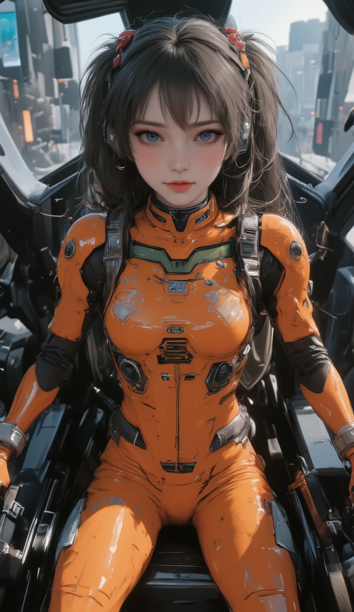 cockpit、 futuristic suit 、2、Woman、Alone、 black hair、Bob、 Princess Cut 、 long hair、taken from above 、 headset、 track the pilot and move the robot、Wave Fist pose 、 dynamic pose、 Shooting from above with a wide-angle lens 。