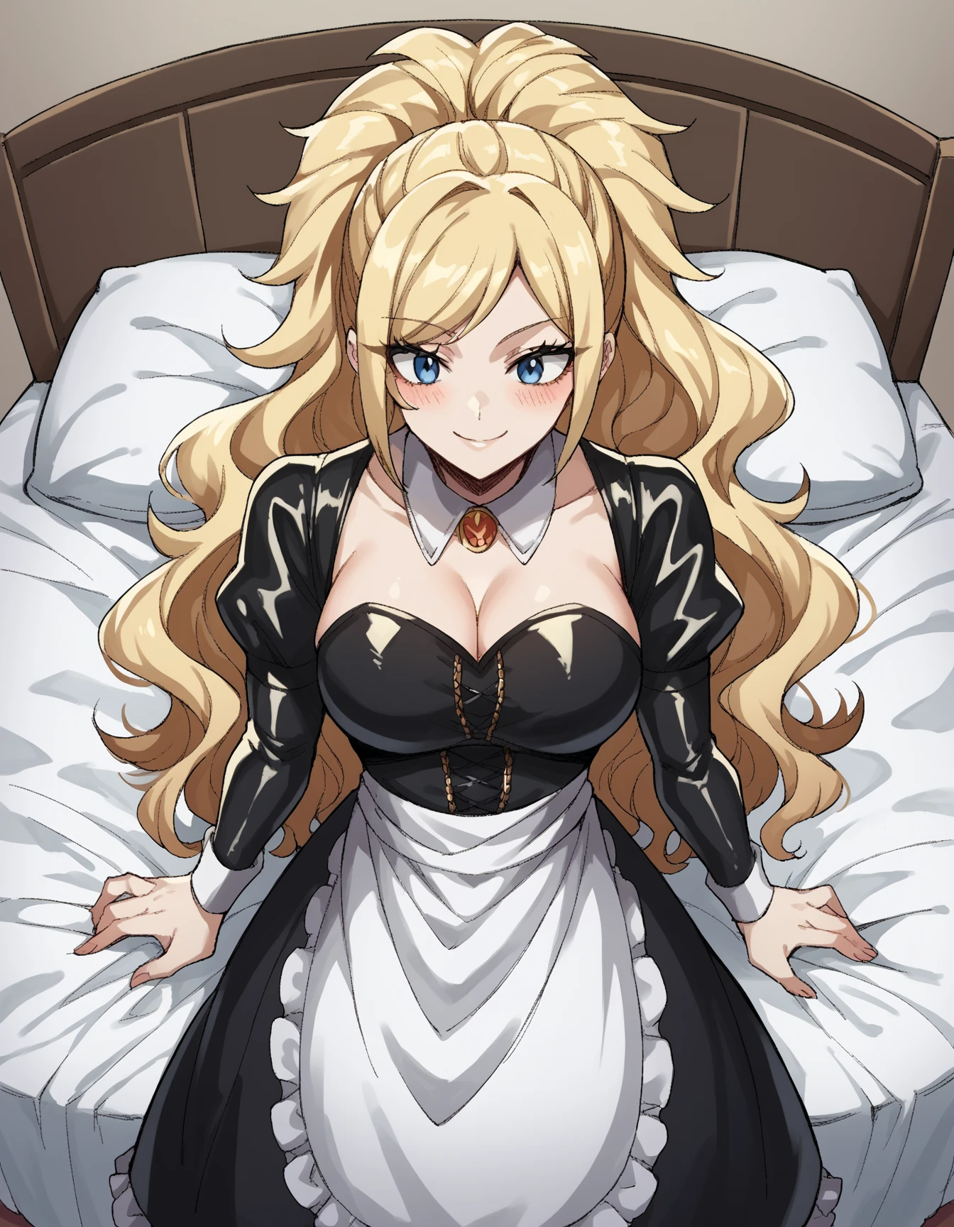 1 girl, long hair, blonde hair, blue eyes, big breast, deep cleavage, black dress, a white underdress, black and white chocker, long brown boots with black stocking, inside bedroom, laying on top of bed, arm behind head, looking at viewers