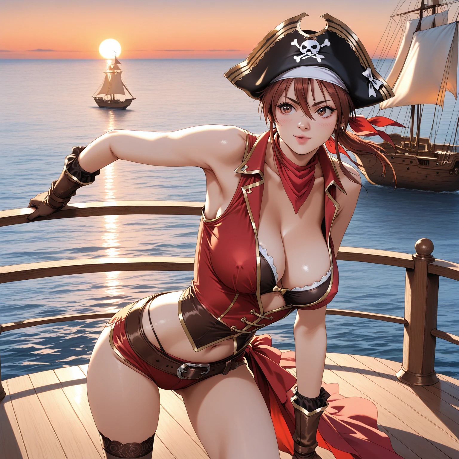 a sexy japanese woman wear pirate hat, pirate outfit, on a pirate ship, fog, soft light, (best quality), (masterpiece), slim, long legs, (flat chested), anime