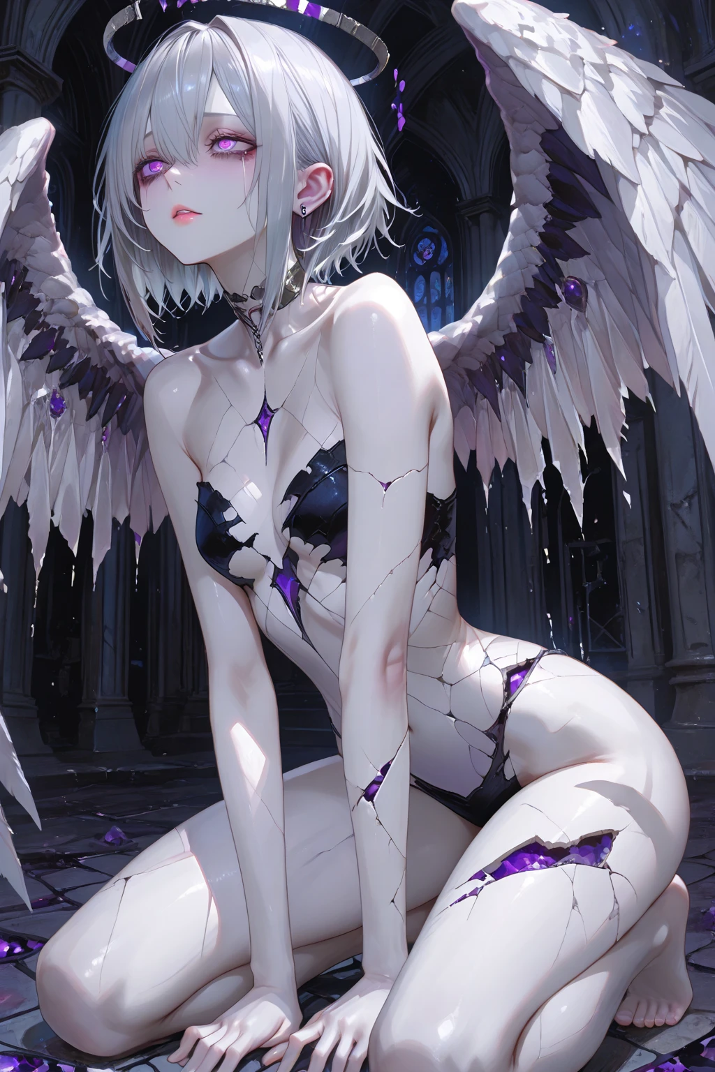((best quality)), ((masterpiece)), (detailed), 1girl, Character design, female, dynamic poses, long white grey hair, grey white eyes, very skinny, detailed, best quality, no accesoires around the neck, no shoes, prominent collarbones, skinny arms, flat stomach, visible hip bones, full body, blank white background, plain background, white background, red and white clothing, Bloodborne inspired, occult aesthetic, occult, detailed and intricate steampunk and detailed gothic, NSFW, Very dramatic and cinematic lighting, cosmic horror, grim-dark, side-lighting, perfect face, NSFW, Fluttering lace flared long knee length dress with frilly petticoats, knee length dress, pleated petticoats, petticoats gothic, complex lace boots, side-lighting, gothic aesthetic, wielding a mighty sword with mechanical components, mandalas, a fairy, various different types of insect wings, NSFW, full body, whole body, body, plain background, white background, blank background, no background, white background NSFW, chains, full body, whole body, head-to-toe NSFW