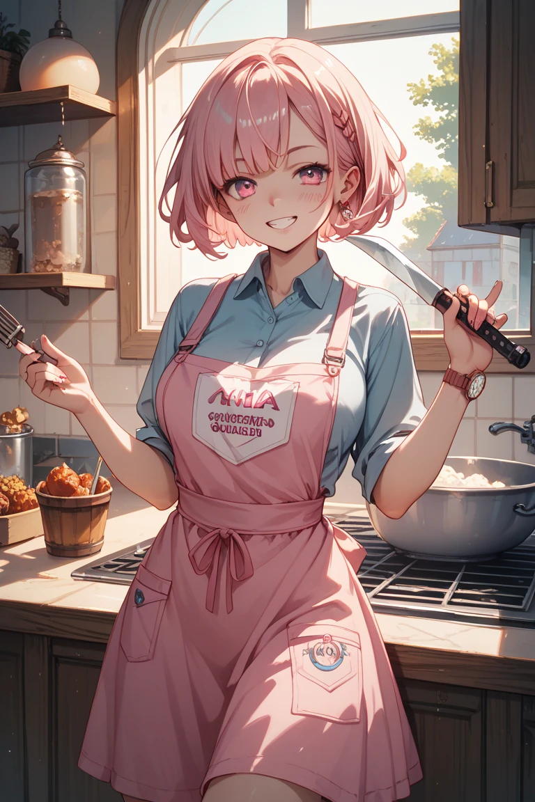 (highest quality:1.2, Very detailed, up to date, Vibrant, Ultra-high resolution, High Contrast, masterpiece:1.2, highest quality, Best aesthetics), Portraiture、girl、20-years-old, slim, , heterrochromia, green eye, red eye, stage、performance、Bright colors、Beautiful fine details、Beautiful lip detail、extra short hair, ((bob cut:1.5))、pink and purple ((streaked hair:1.9)), (highlights hair: 1.6), ((small breast:1.3), (tan skin:0.7), cooking、cutting vegetables with knife, kitchen, apron、Resolute expression、Avid Fan、Rock star aura、((cowboy shot:1))
