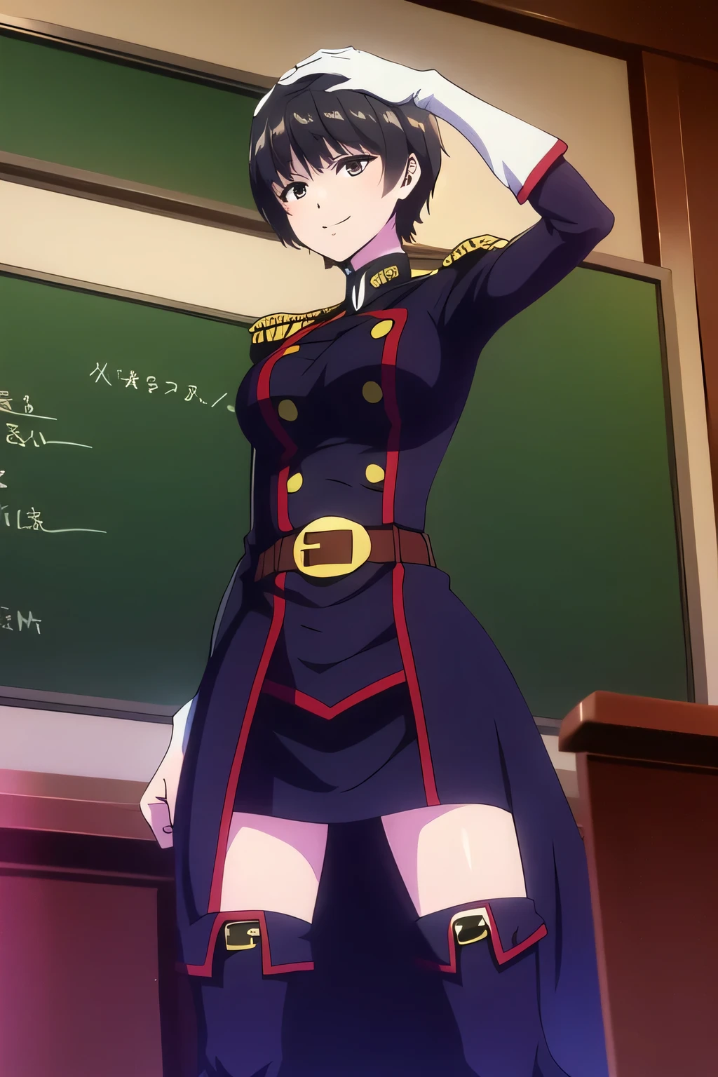 Shorthaired Woman，navy blue uniform，women with nice smiles，Can you draw looking back on a blackboard，pleated miniskirt，Beautiful legs，I&#39;m wearing boots，fighting women，don't crop your face because your expression is a top priority，Humans are２Book Arms，２ Legs ，Beautiful legs，Only one，I'm doing forest bathing，