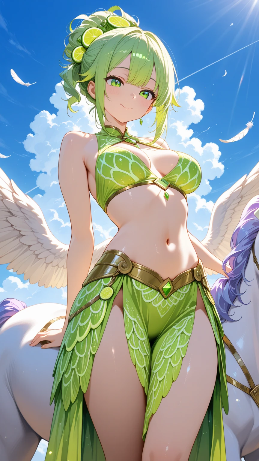 8k, Delicate image quality, best quality, (((green long hair))), ((( golden eyes))), naked, blush, 16 year  old Beautiful girl, masterpiece, best quality, ultra detailed, Photo taken from below, pubic hair, in a dungeon, standing, (((((green tattoo))))), strong wind, ((hair ornament)), (((((green wing))))), ((blue sky, )), (((((open legs))))), photo taken from below, (((female genitalia))), 