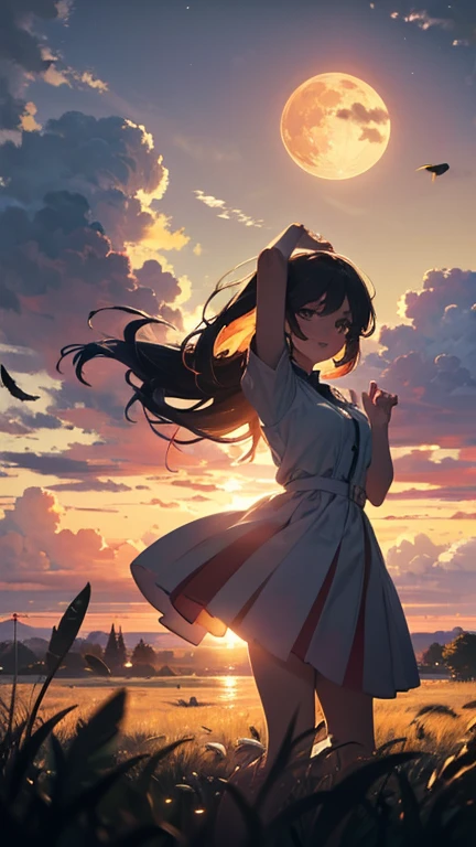 tmasterpiece,best qualtiy,cinematic Film still from,1girl,Cloud Girl,Floating in the sky,full bodyesbian,brightly,cheerfulness,Warm and soft lighting,the sunset,(spark of light:0.7)
