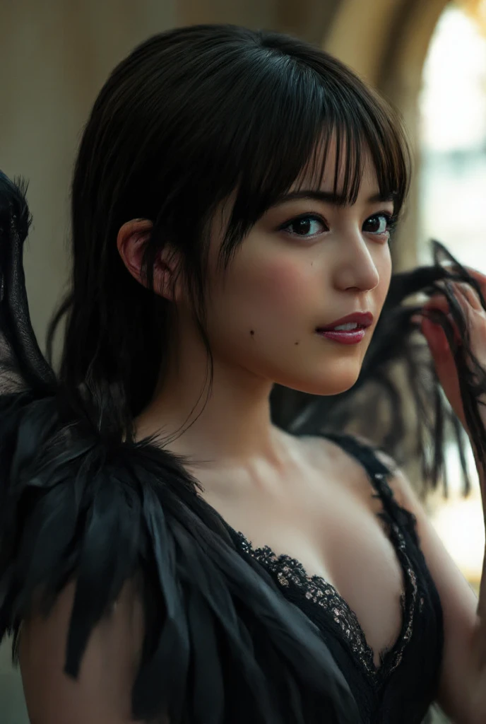 Mikasa,19 year old young woman, Work, Best quality, High resolution, Short hair, Black eyes, look at the viewer, detailed breast ,angel wings, beauty, eye details, face details, very beautiful face, sky, Highest quality, high resolution