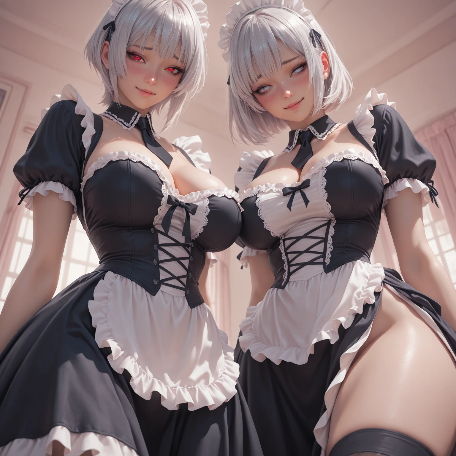 ((High quality)),masutepiece,(Detailed depiction of local details:1.2),1girl in,Blue eyes,Plump breasts,Enchanted Valley,Closed mouth,Eyelashes,Portrait,Solo,White hair,black theme,Short hair,Silver hair,Yorha No. 2 Type B,(((White hair and black hair)))、Full body view、((Two girls dressed similarly))((White wedding dress and black wedding dress))((Two people smiling))((Light skin and dark skin))(((Black Hair、Dark Skin、Woman in Black Dress)))((白と黒 thong))