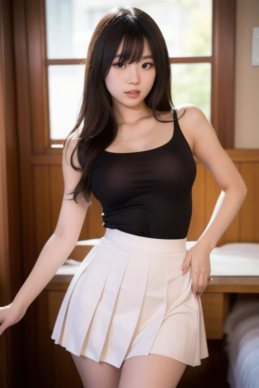 ((1girl)),in naked, pose at Library, makeup with glossy lip, small breasts, (black pleated skirt:1.4), various angle, ((face focus)), 22 years old, Beautiful Korean Girl, ((random)) pose, (nsfw:1.4), cleverage, nipple slip