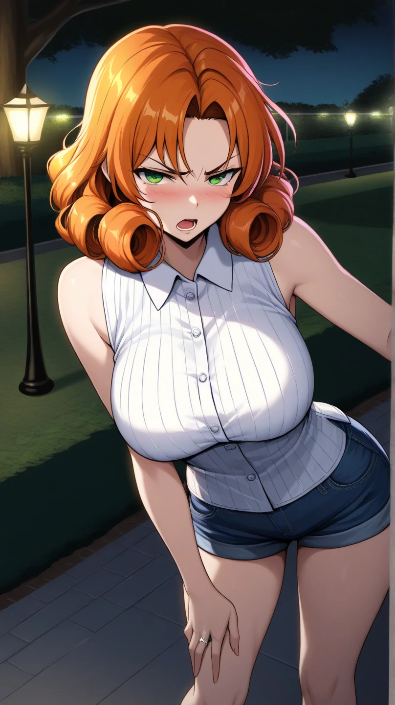 ((Masterpiece)), perfect anatomy, perfect shading, field of depth, (best quality), extremely delicate and beautiful, perfect lighting, detailed face, ultra cute face, cute, (cowboy shot 1.2), (turned to side 1.2), full body, (((1girl))), ((solo)), looking at viewer,
long hair, fluffy hair, orange hair, ponytail, freckles, green eyes, pale skin, sweat, ((blush)), shy, smile, (tank top 1.5), (jeans 1.2), belt, extremely tight clothes, large breasts, cleavage, perky breasts, ((wide hips)), (((thick thighs))), (chubby belly), chubby, (fat ass), ((curvy)),
park, outside, summer, intricate background, detailed background, hand on hip,