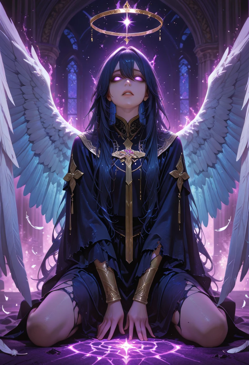 An angel in an ethereal and melancholic setting. The angel should have a heavenly appearance, with delicate androgynous features, expressive eyes that convey sadness and hope, and long, flowing hair. Her large, majestic wings are visibly damaged, with feathers broken and torn, and some falling gently to the ground. The surrounding scene is a mystical twilight, with shades of dark blue, purple, and subtle touches of gold, as if the sky were in transition. Add subtle elements of celestial light, such as soft beams or shimmering particles, to contrast with the angel's aura of fragility. The atmosphere should evoke a mix of pain, resilience, and tragic beauty, with realistic details in the textures of the wings and the angel's expression.
