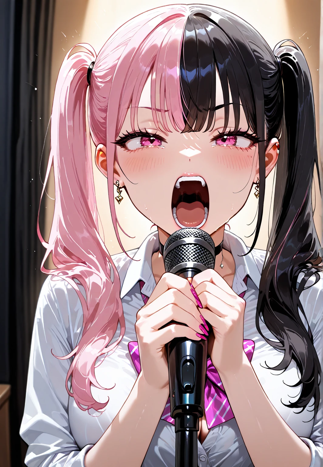 handjob,side view,face focus,eye-level shot,uniform,shirt,Checked tie,Checked Skirt,open mouth,tongue out,cum on tongue,lick,(1girl,Beautiful 14 year old girl),front face,from front,looking at viewer, looking ahead,Black Hair,Short Twin Tails,Gray Eyes,Drooping eyes,slit pupils,narrow eyes.Beautiful and detailed anime art,Mischievous smile,Dimly lit room,Simple Background,Gray background,Low lighting
