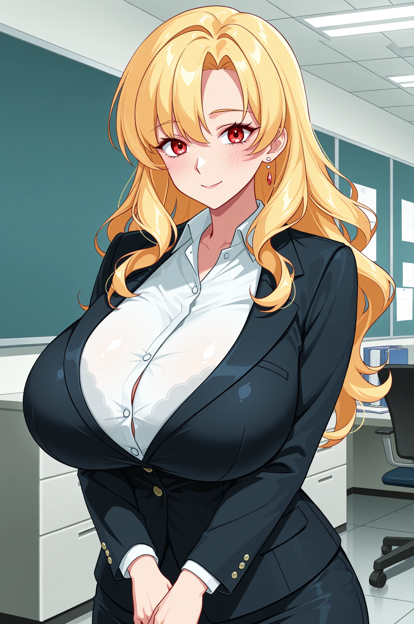 inez_fressange, huge_breasts, standing, solo, best quality, detailed face, detailed eyes, highres, huge breast huge pelvis thick thighs ,shan,green eyes,blue hair,lipstick,makeup,earrings,black high-waist skirt,jewelry,lanyard,large breasts,sleeveless,sweater,white sweater,turtle neck,office lady,thighs,black pantyhose,office,,