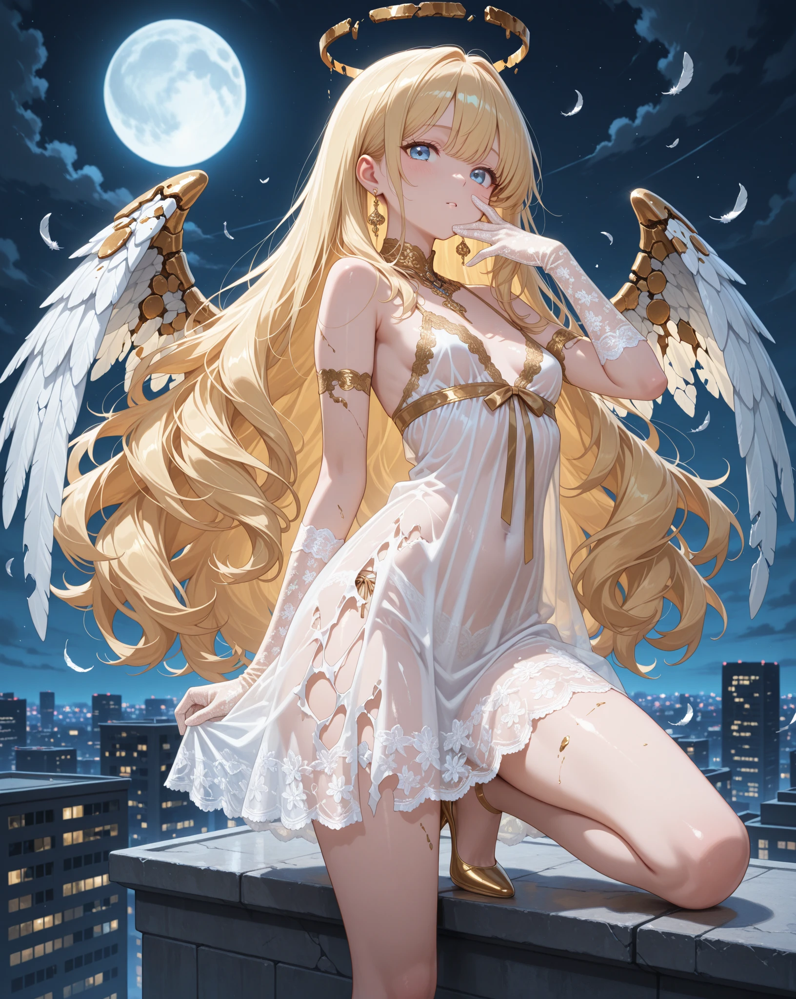 sixteen year old girl，Blonde，Miko Costume，Halo，Trench coat，Angel Wings，whole body，Crescent Moon
