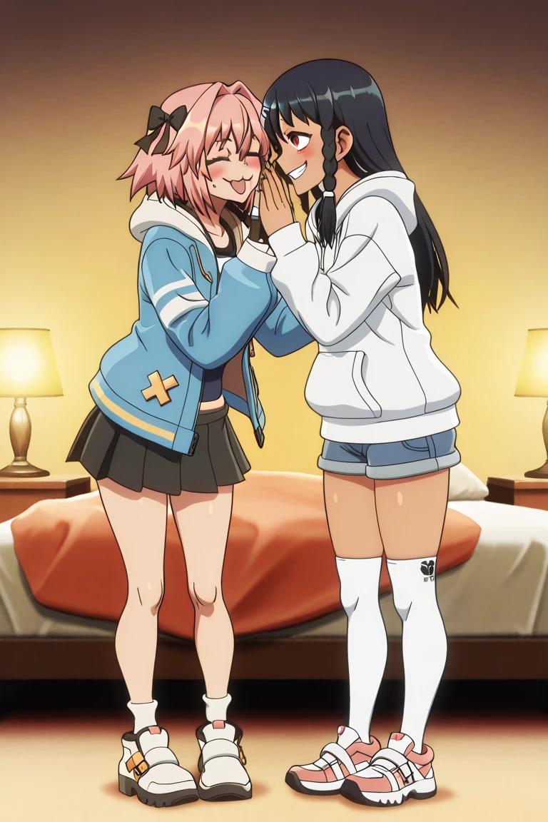 2 girls , Yukinoshita Yukino , yuigahama yui'Great bust and hips, waltz dance , uniform,black blazer,white shirt,ribbon,Light pink lace panties,white lace panties,(pussy line:1.0),thighs,high angle,look at the camera,smile,open your mouth,(I'I'm blushing with embarrassment),