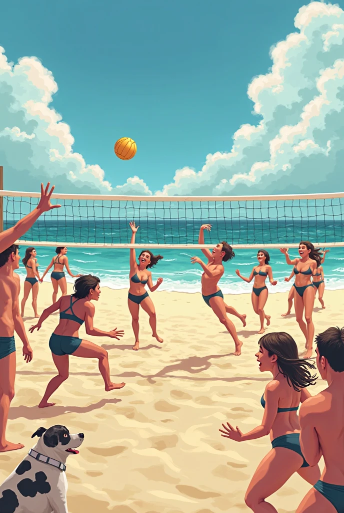 Voluptuous-bodied teenagers, delgado, well defined, playing volleyball on the beach 