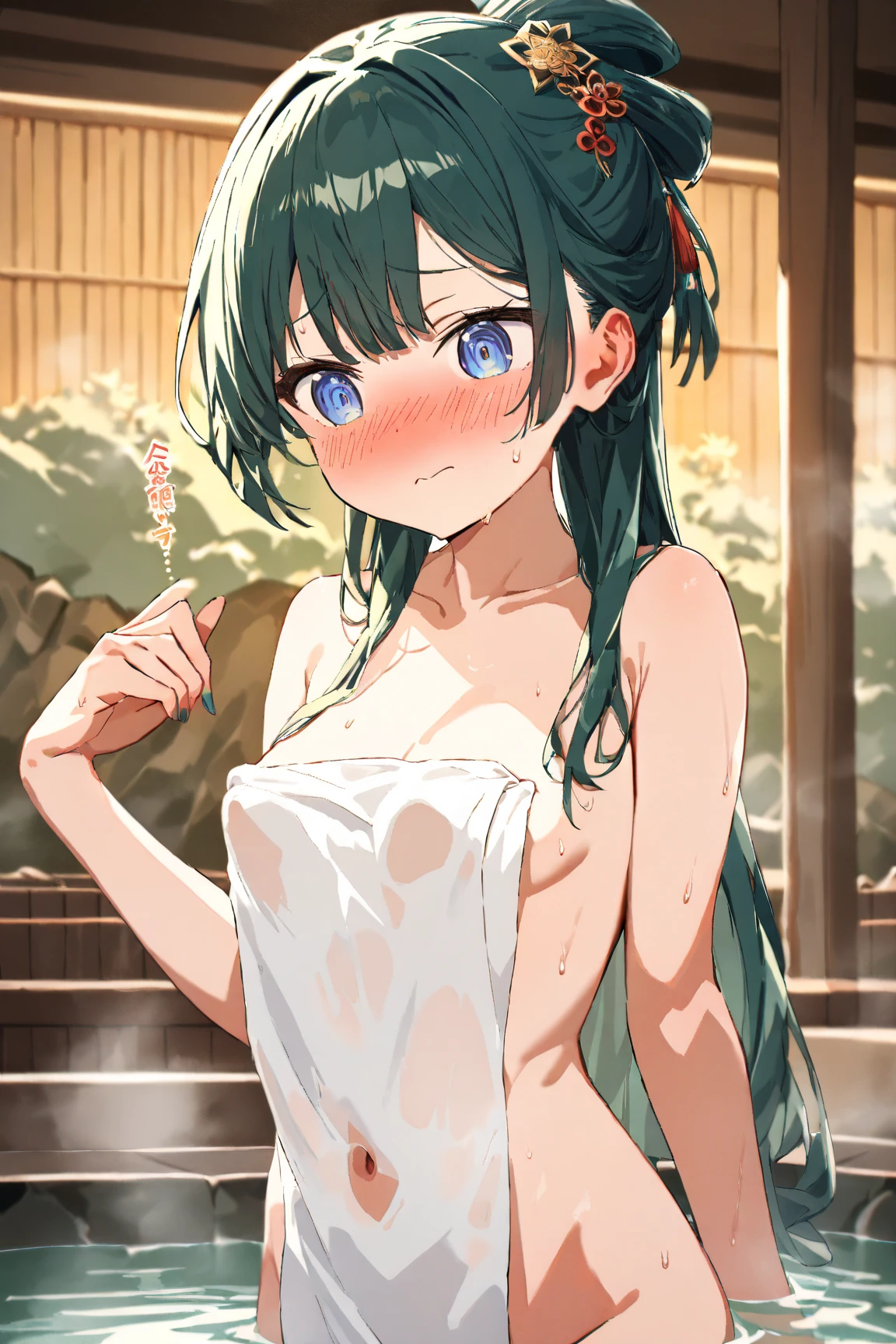 ((best quality)), ((highly detailed)), masterpiece, (detailed eyes, deep eyes), (1girl), (glasses), cowboy shot, <lora:DryadTerrariaV2:.9>, DryadT, green hair, very long hair, braid, purple eyes, hair flower, vines, leaf, nude, navel, in a forest, (indoors, in a bathroom, tile floor, sink, completely nude, from behind, ass, <lora:WetHair:.75>, wet hair), sun down