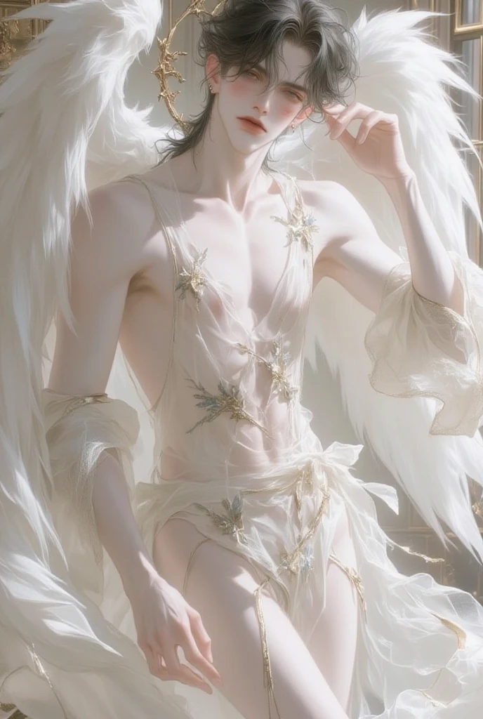 (1 boy, hoarfrost albino tall slender androgynous male Ice Queen, pristine, precious, fragile beauty, translucent, thin neck, frail shoulders, flat chest, soft belly, curvy hips, his penis and testicles are made of ice thus very fragile and vulnerable to heat, he is immortal while he is cold, but he can be shattered like glass and the warmth of love will kill him)