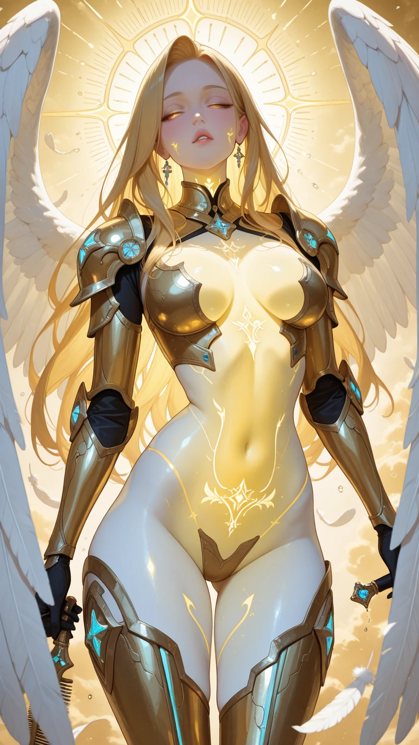 (masterpiece, top quality, best quality, official art, beautiful and aesthetic:1.2), (1girl:1.3), extremely long curly golden hair, extremely detailed, portrait, looking at viewer, solo, (full body:0.6), detailed background, close up, (cool science fiction space theme:1.1), extremely busty valkyrie, charlatan, mysterious, shooting lasers in space, cybernetic angel, huge feathered wings, chrome boob armor, dark purple streamers and skirts and sleeves and knee wrappings, cybernetic implants, mechanical hand, laser cannon, arm cannon, revealing chrome armor, bare midriff, glowing laser energy, halo, intricate armor, ornate chrome armor, sheer white fabric, elegant purple fabric, skirts, streamers, cowl, boots, bracers, ((((gigantic breasts))), slim waist, slim hips, long legs, athletic, SPACE, futuristic moon, (space exterior:1.1) background, dark mysterious lighting, shadows, magical atmosphere, dutch angle