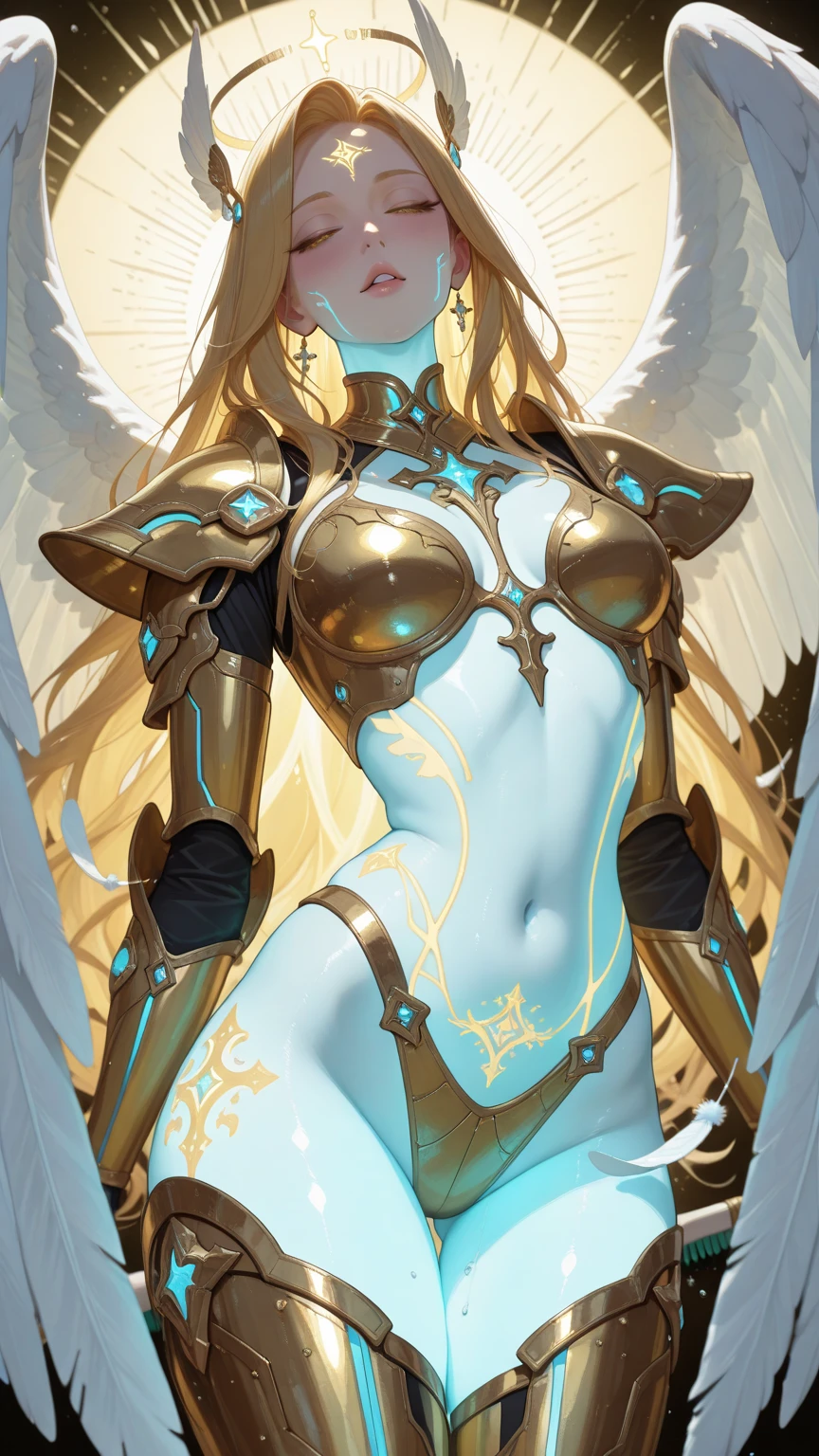 tan skin, black skin, priestess,valkyrie,angel wings,navel,sideboob,complex,light particles,thighs,shiny skin, perfect lighting, 1girl, looking at viewer,winged headgear,pelvic curtain, smile,(masterpiece), (best quality), extremely huge breasts, motherly, porcelain skin, honey blonde hair, very long hair, wavy hair